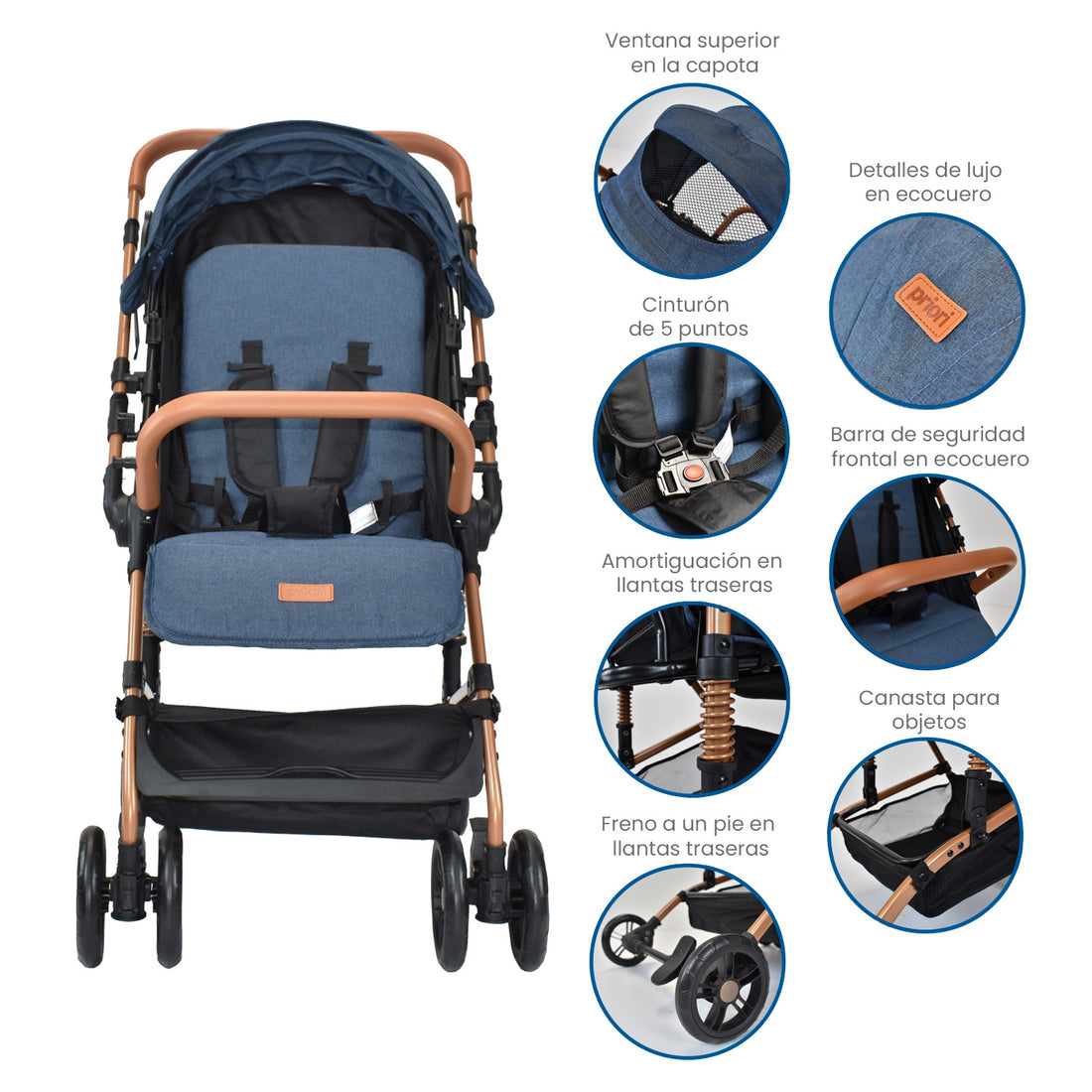Coche para bebe con mango reversible tipo compacto priori viena azul 4
