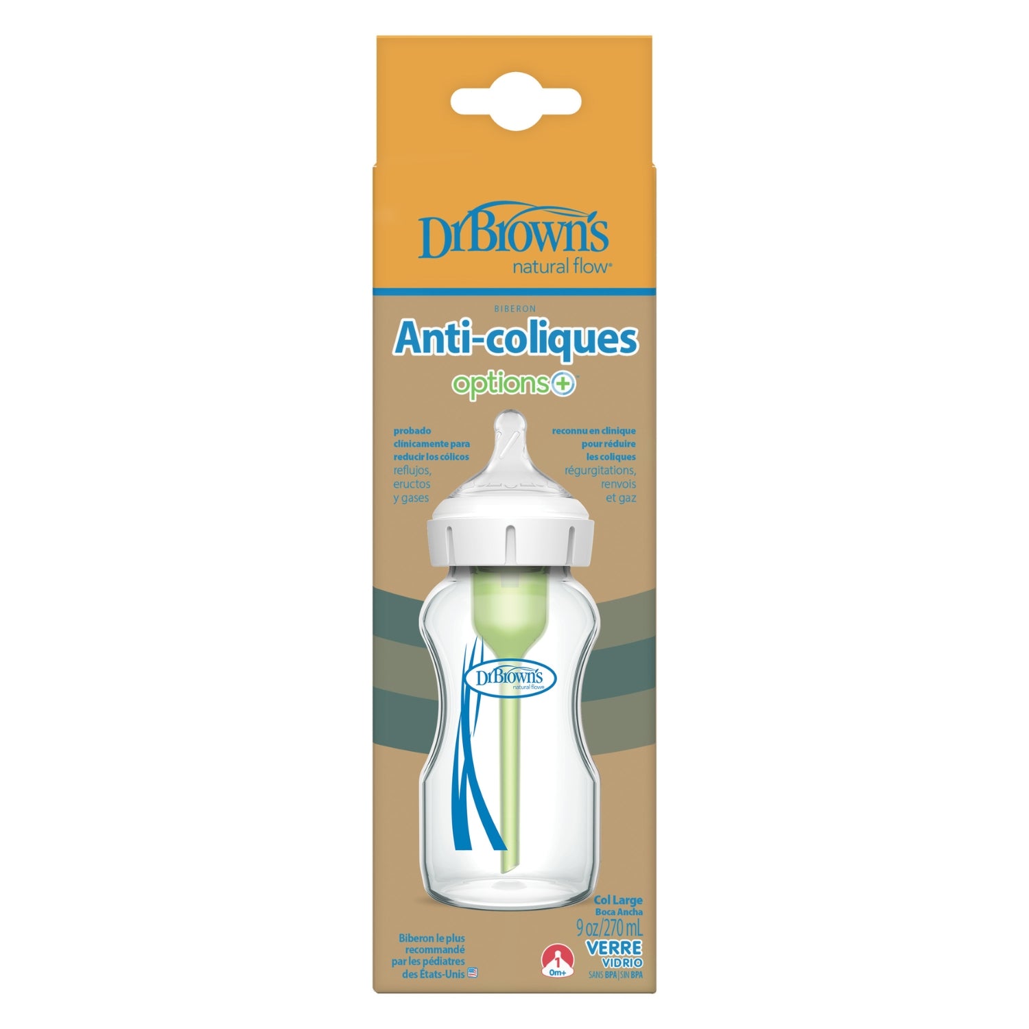 Biberón Vidrio Options+ Boca Ancha, pack de 1, 9oz/ 270ml, Dr Browns