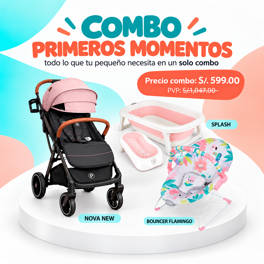 Combo Coche Nova Rosa + Bañera Splash Rosa + Bouncer Fancy Fantasy