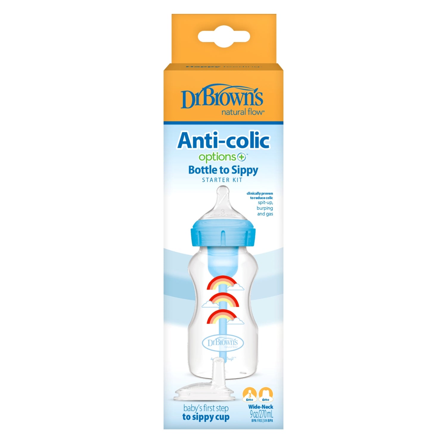 Kit de Transición 2 en 1 Options+ Boca Ancha Polipropileno 9 oz/270ml arcoiris Azul. Dr Browns
