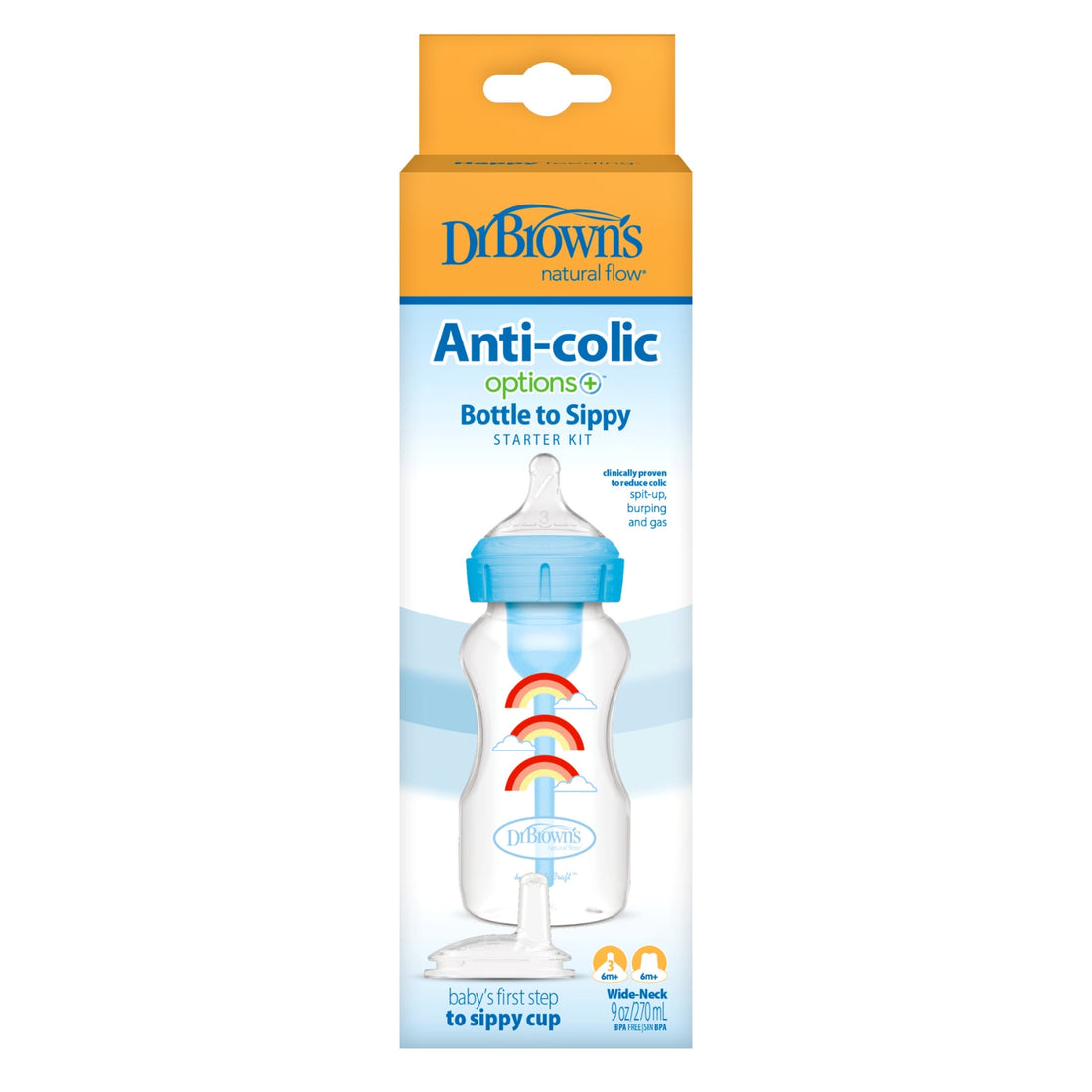 Kit de Transición 2 en 1 Options+ Boca Ancha Polipropileno 9 oz/270ml arcoiris Azul. Dr Browns