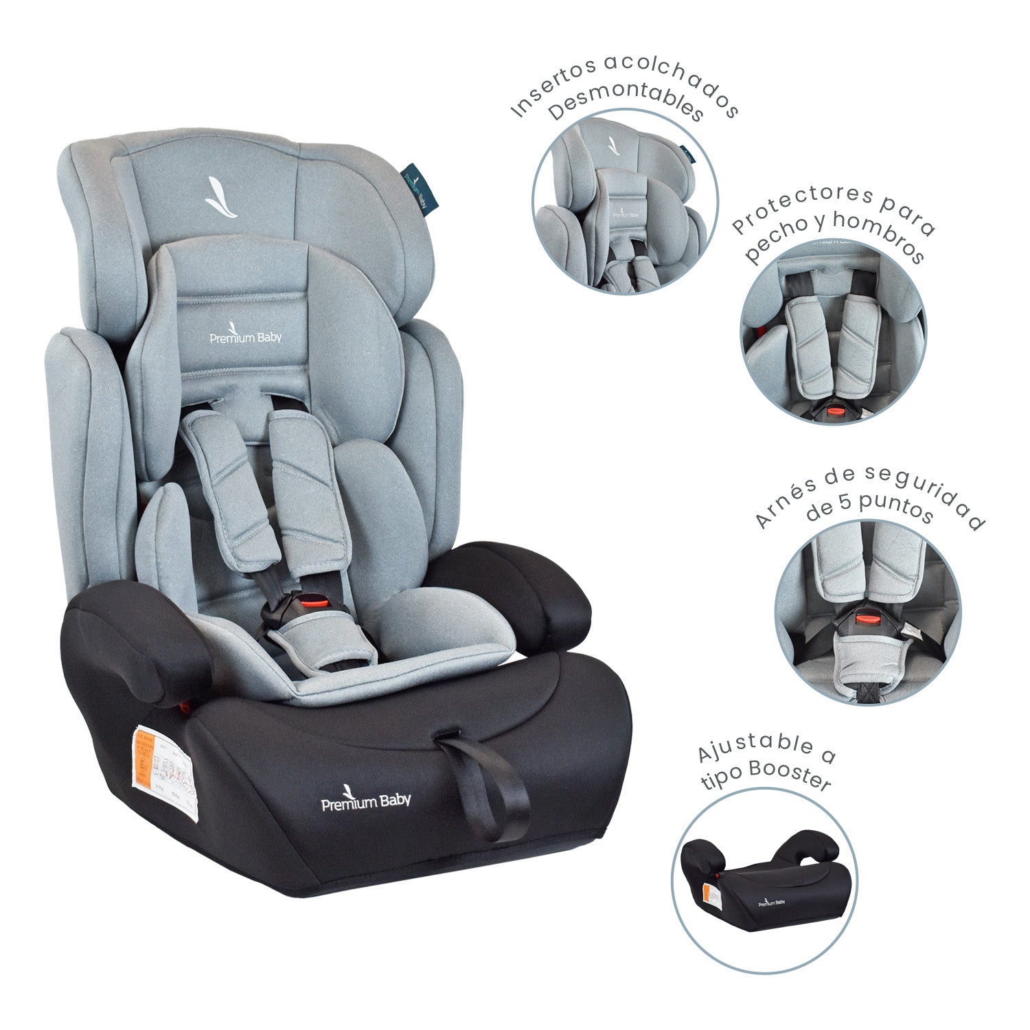 Silla de Auto Booster Para Bebe Grupo 1, 2 y 3 Premium Baby Lyon Gris