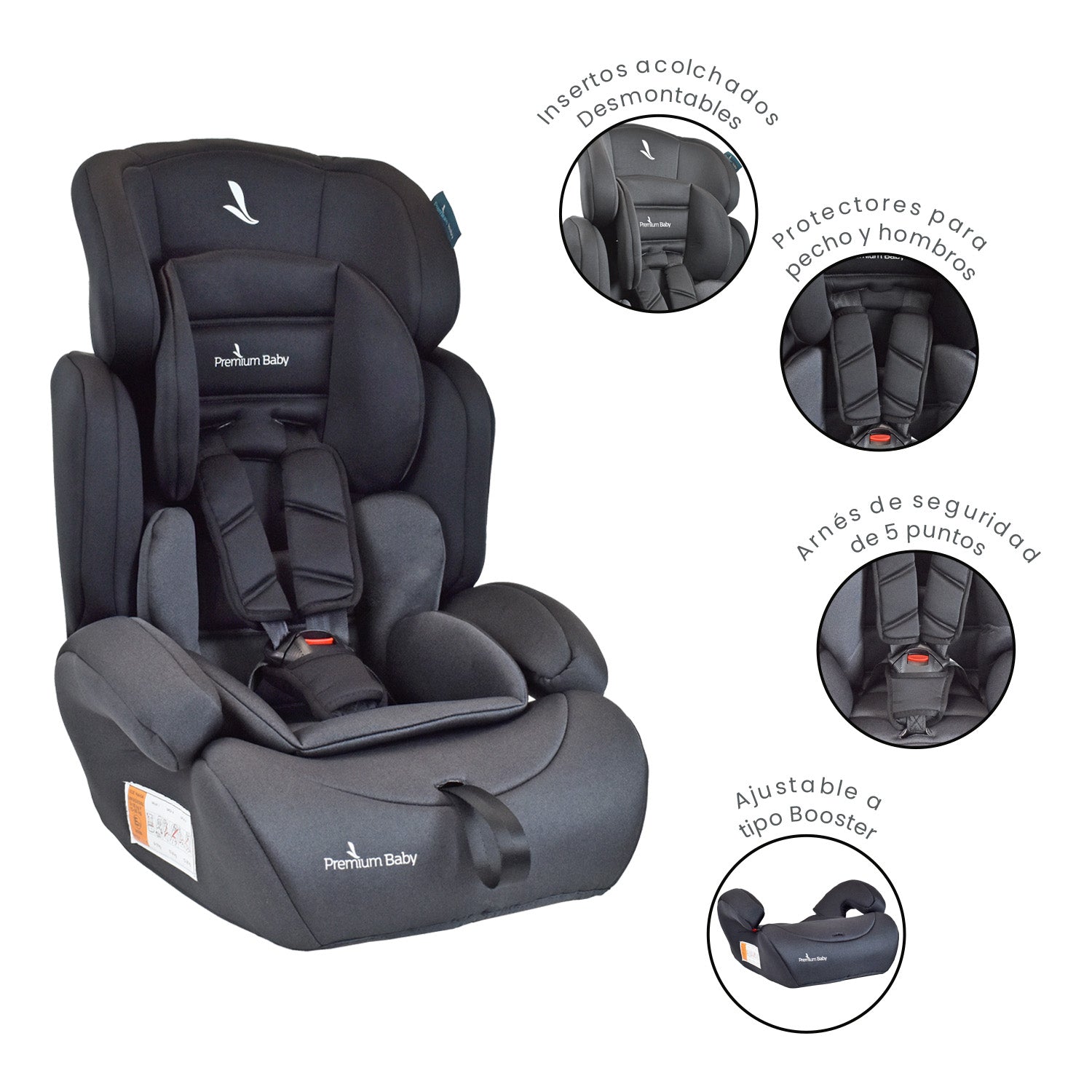 Silla de Auto Booster Para Bebe Grupo 1, 2 y 3 Premium Baby Lyon Negro