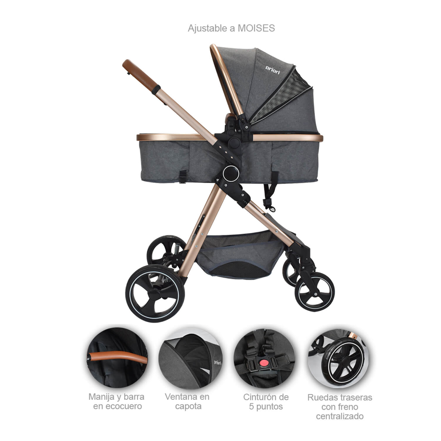 Coche Para Bebe Tipo Moises Compacto Priori Mike Gris