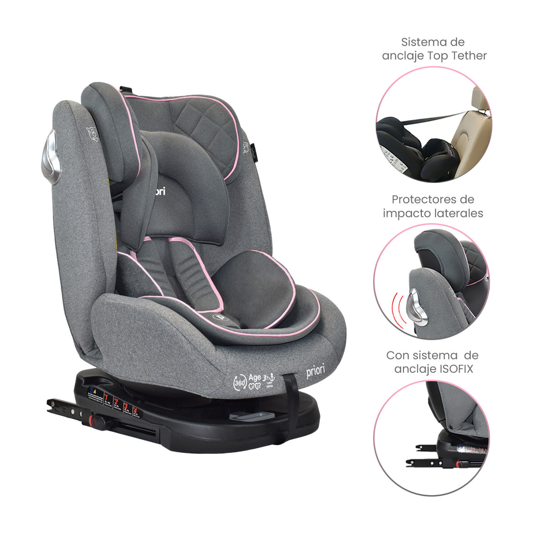 silla de carro para bb 360° priori first rosa