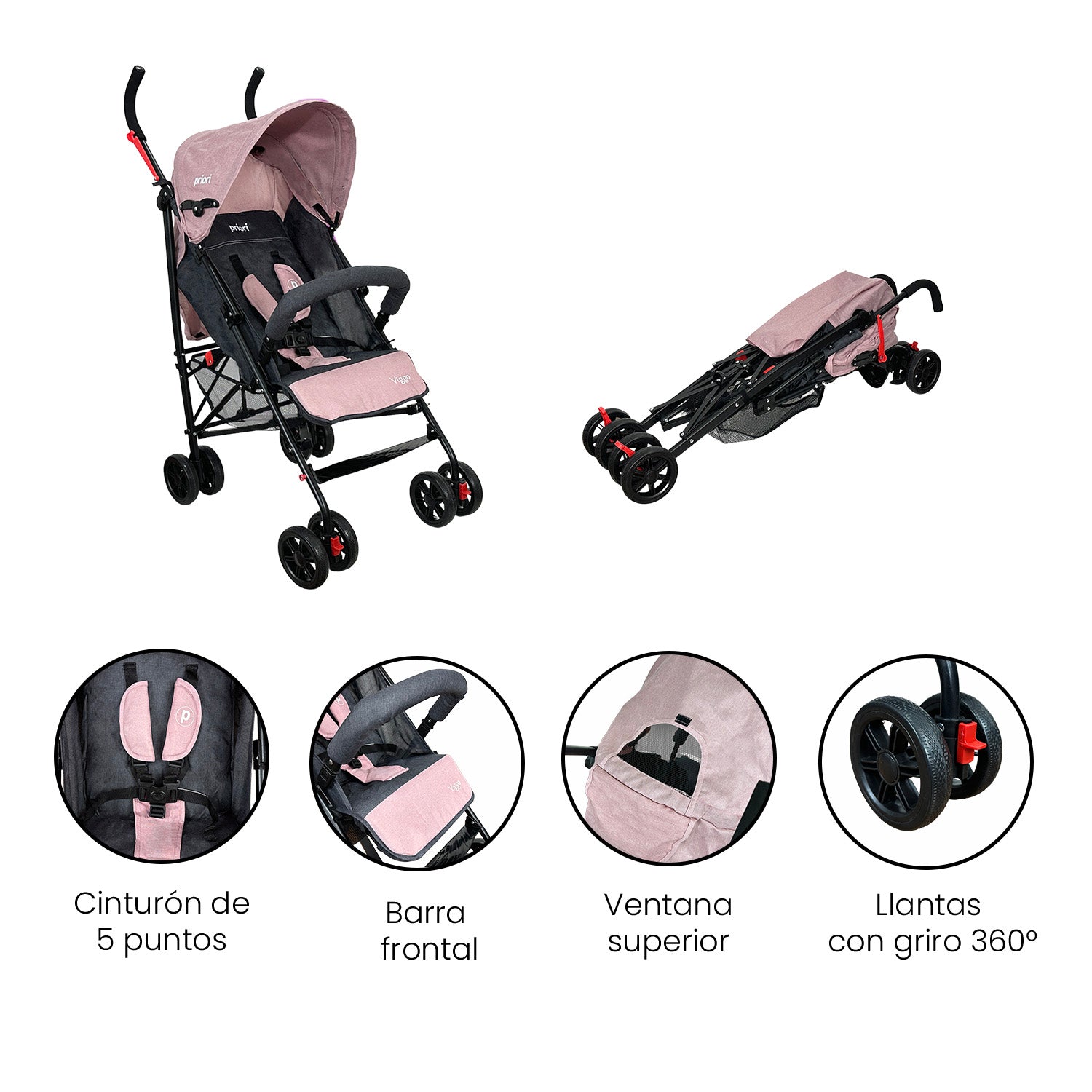 Coche Bastón Para Bebé Priori Viggo Rosa