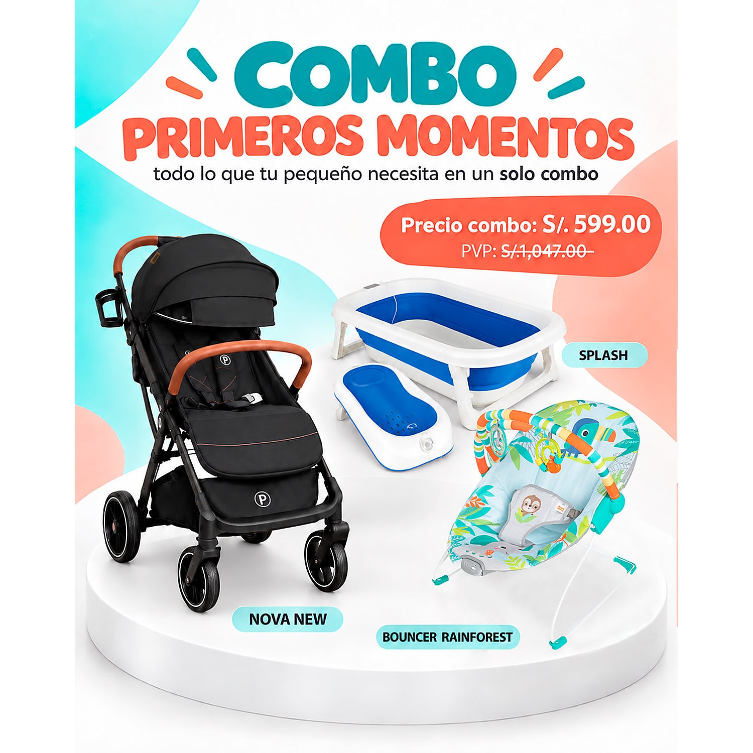 Combo Coche Nova Negro + Bañera Splash Azul + Bouncer Rainforest Vibes