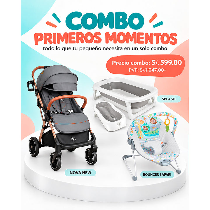 Combo Coche Nova Gris + Bañera Splash Gris + Bouncer Safari Fun