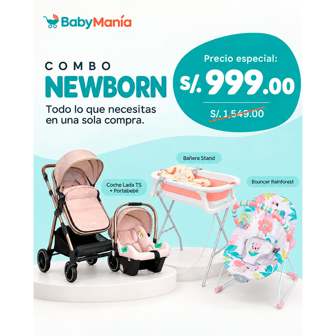 Combo Coche Lada Ts Rosa + Bañera Stand Rosa + Bouncer Fancy Fantasy
