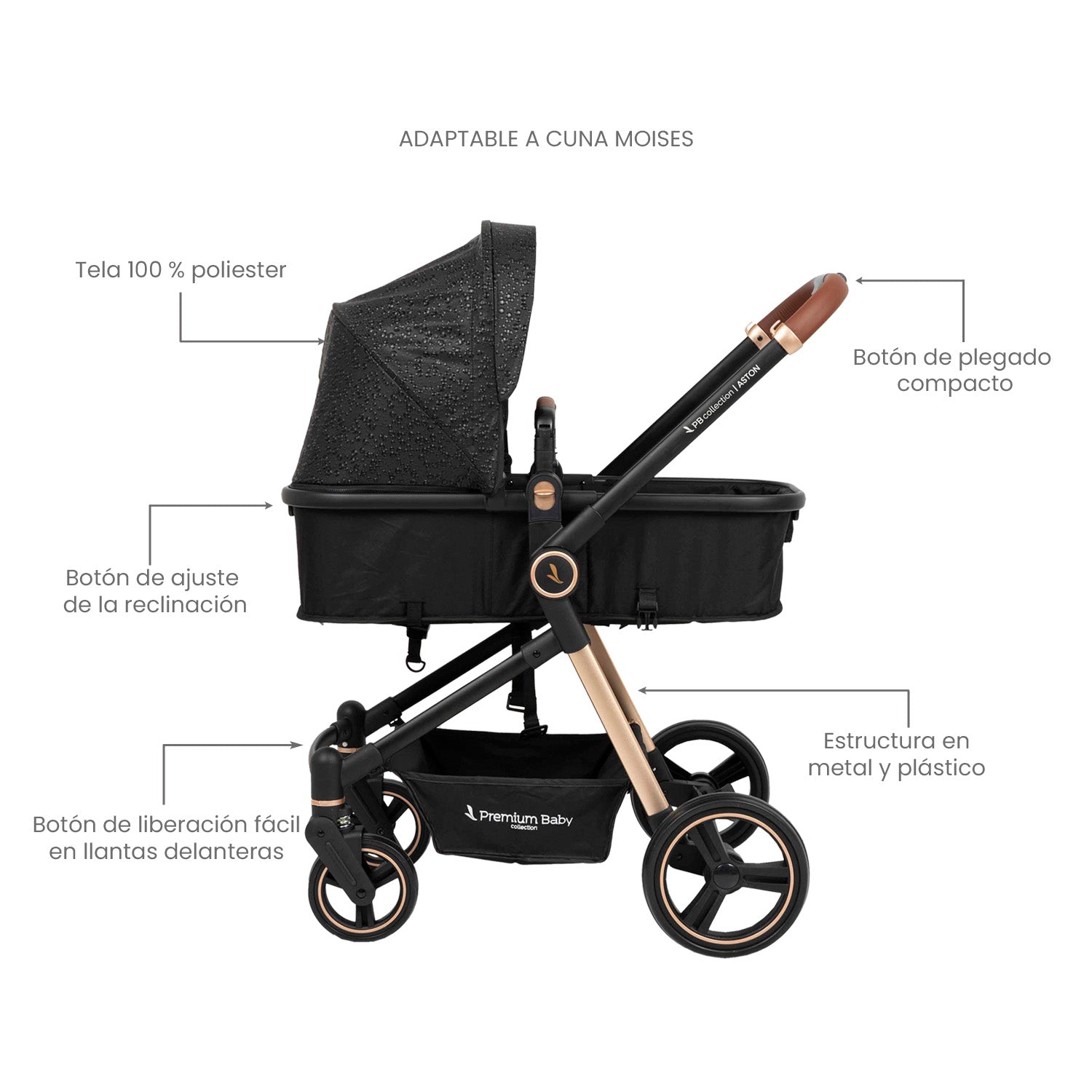 Coche para bebe moises aston negro burbujas 7
