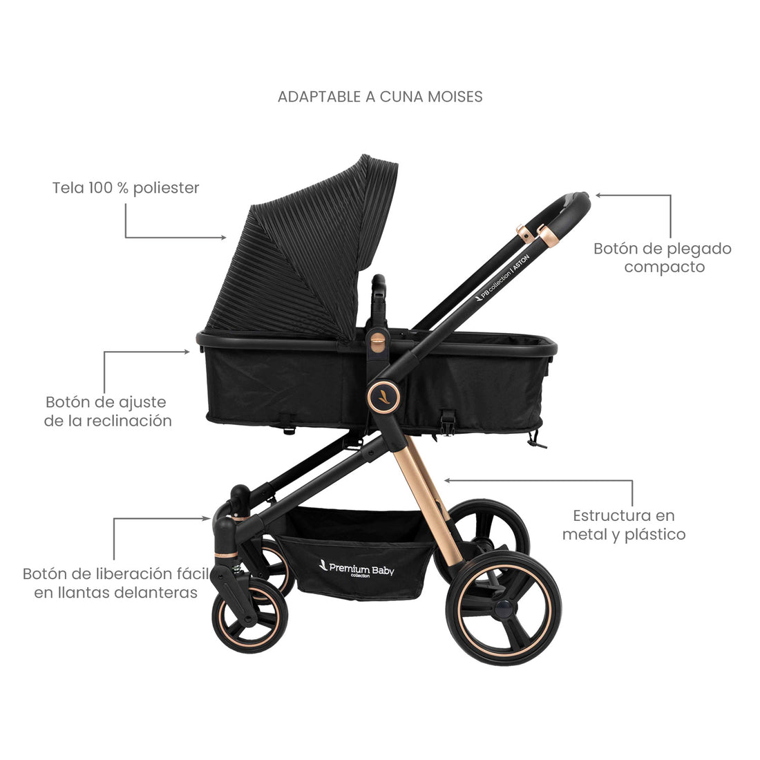 Coche para bebe moises aston negro lineas 7