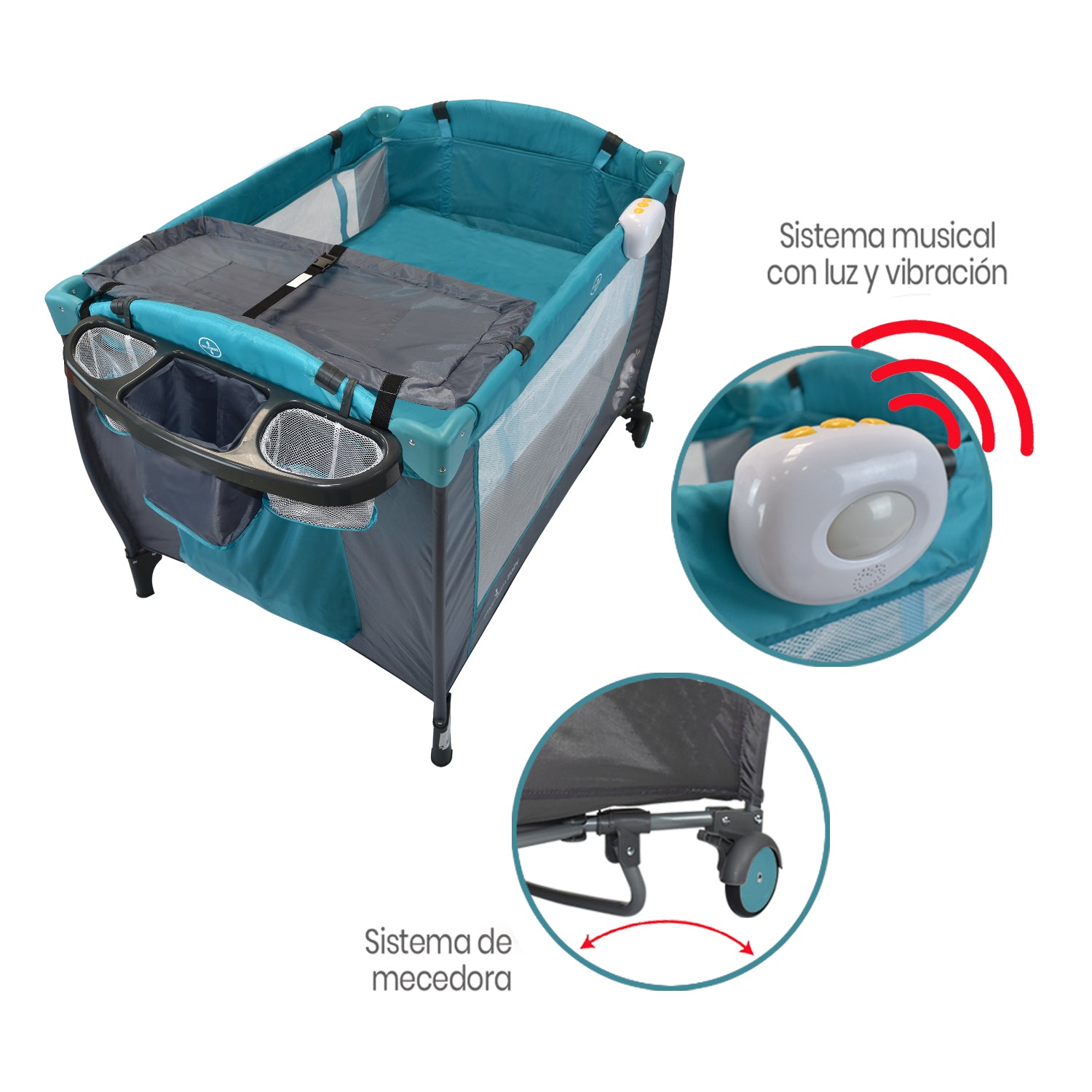 Cuna corral bebé con mecedora napoles turquesa 2