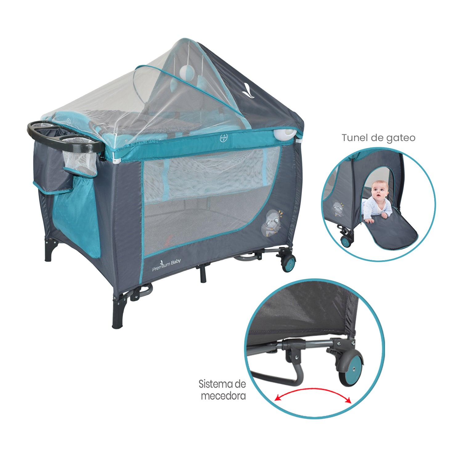 Cuna corral bebé con mecedora napoles turquesa 3