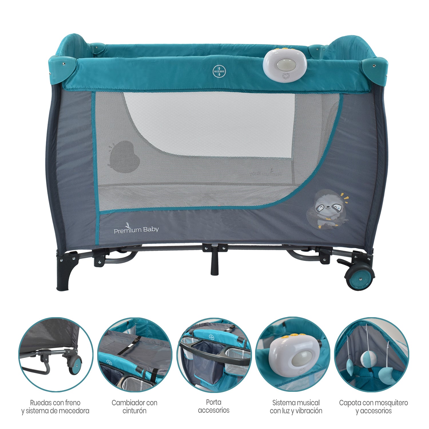 Cuna corral bebé con mecedora napoles turquesa 5
